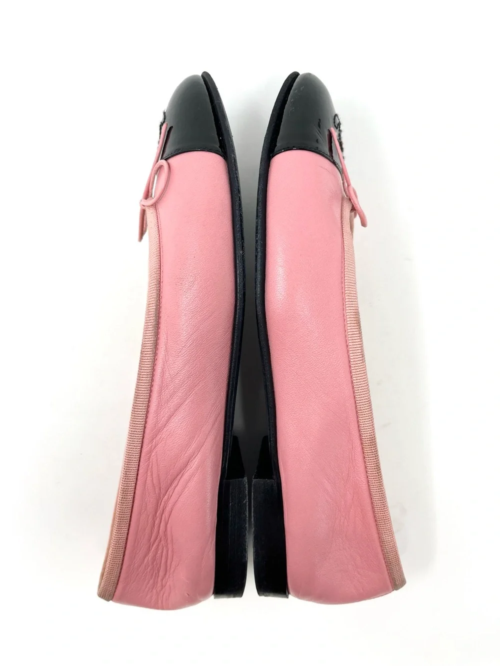 Chanel Pink Leather Black Cap Toe Two Tone CC Logo Bow Ballet Flats Shoes 36.5